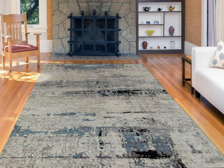 6'3" x 8'10" New Hand Knotted Grey Wool & Silk Rectangle Oriental Rug - MOA10258481
