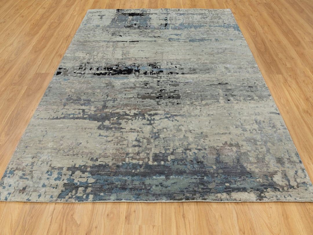 6'3" x 8'10" New Hand Knotted Grey Wool & Silk Rectangle Oriental Rug - MOA10258481