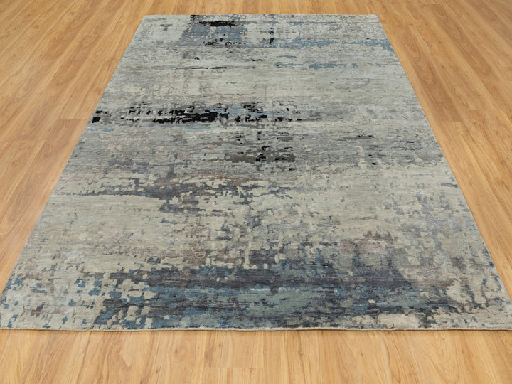 6'3" x 8'10" New Hand Knotted Grey Wool & Silk Rectangle Oriental Rug - MOA10258481