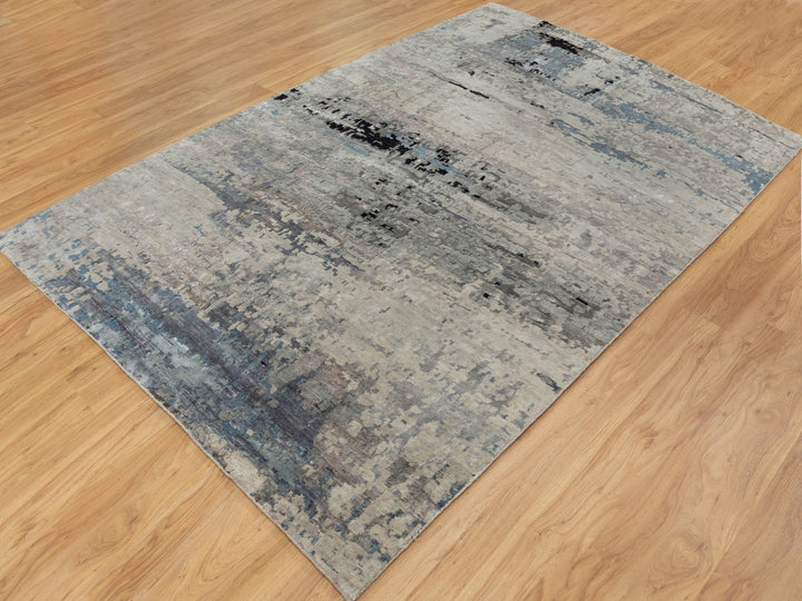 6'3" x 8'10" New Hand Knotted Grey Wool & Silk Rectangle Oriental Rug - MOA10258481