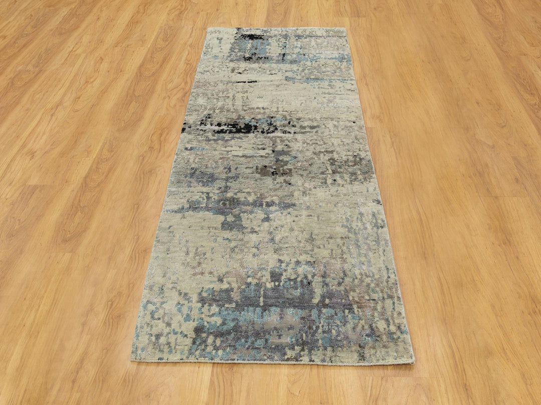 2'5" x 7'9" New Hand Knotted Grey Wool & Silk Runner Oriental Rug - MOA10258489