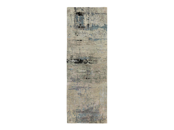 2'6" x 7'9" New Hand Knotted Grey Wool & Silk Runner Oriental Rug - MOA10258490