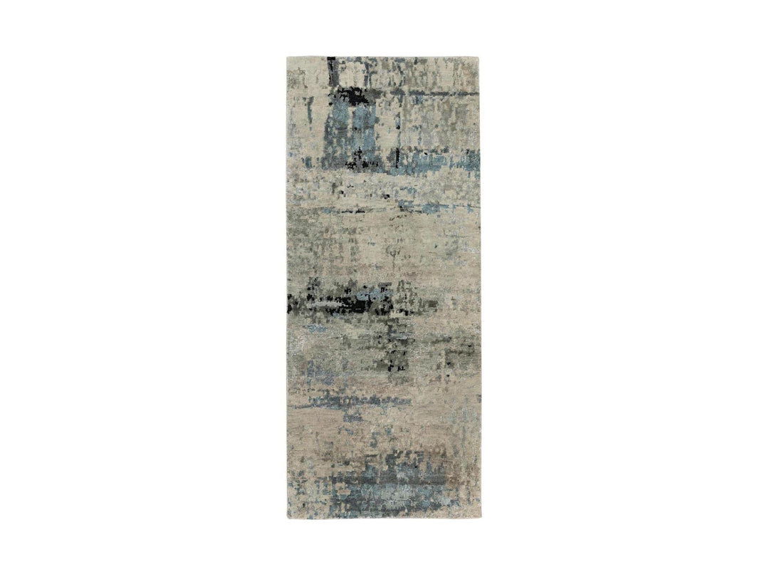 2'6" x 5'10" New Hand Knotted Grey Wool & Silk Runner Oriental Rug - MOA10258491