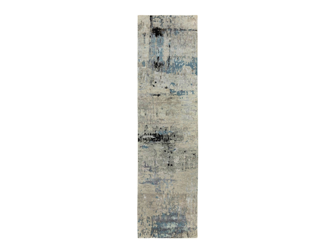 2'5" x 9'9" New Hand Knotted Grey Wool & Silk Runner Oriental Rug - MOA10258498