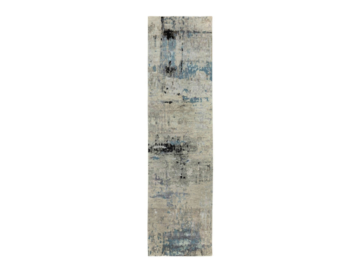2'5" x 9'9" New Hand Knotted Grey Wool & Silk Runner Oriental Rug - MOA10258498
