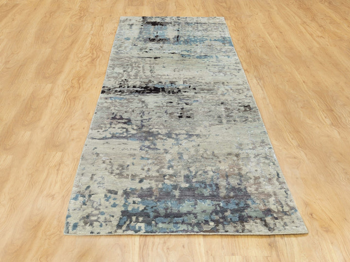 2'5" x 9'9" New Hand Knotted Grey Wool & Silk Runner Oriental Rug - MOA10258498