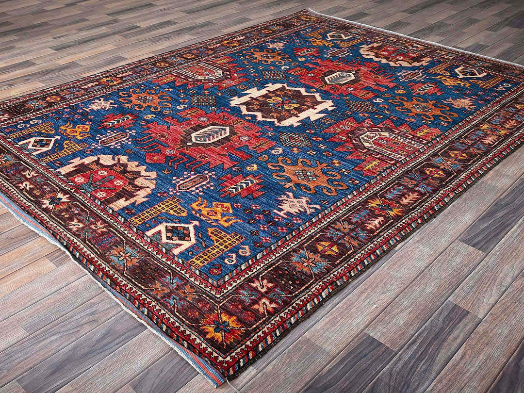 6'0" x 7'10" New Hand Knotted Blue Wool Rectangle Oriental Rug - MOA102584