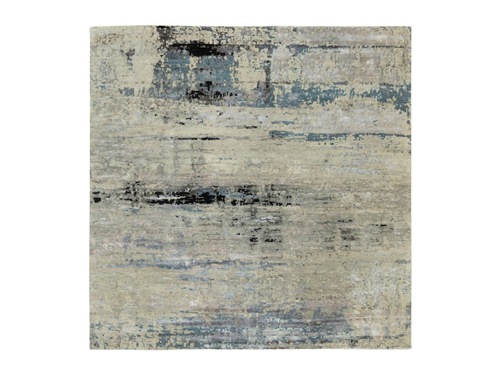 9'10" x 9'11" New Hand Knotted Grey Wool & Silk Square Oriental Rug - MOA10258501