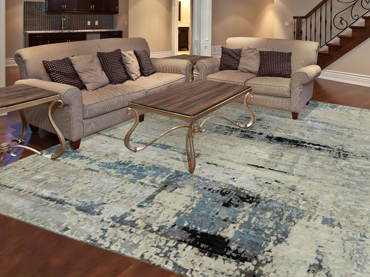 9'10" x 9'11" New Hand Knotted Grey Wool & Silk Square Oriental Rug - MOA10258501