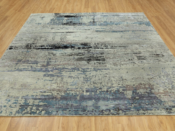 9'10" x 9'11" New Hand Knotted Grey Wool & Silk Square Oriental Rug - MOA10258501