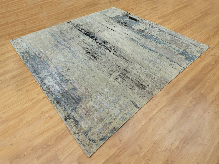 9'10" x 9'11" New Hand Knotted Grey Wool & Silk Square Oriental Rug - MOA10258501