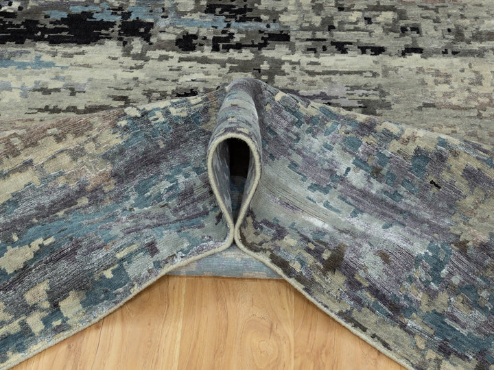 9'10" x 9'11" New Hand Knotted Grey Wool & Silk Square Oriental Rug - MOA10258501