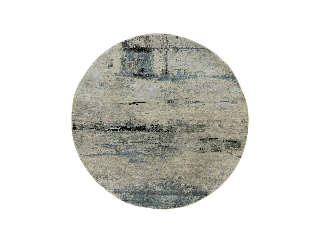 6'0" x 6'0" New Hand Knotted Grey Wool & Silk Round Oriental Rug - MOA10258509