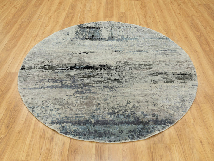 6'0" x 6'0" New Hand Knotted Grey Wool & Silk Round Oriental Rug - MOA10258509