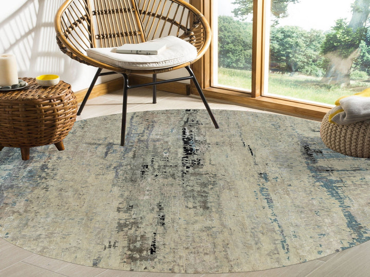 8'0" x 8'0" New Hand Knotted Beige Wool & Silk Round Oriental Rug - MOA10258510