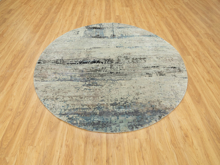 8'0" x 8'0" New Hand Knotted Grey Wool & Silk Round Oriental Rug - MOA10258510