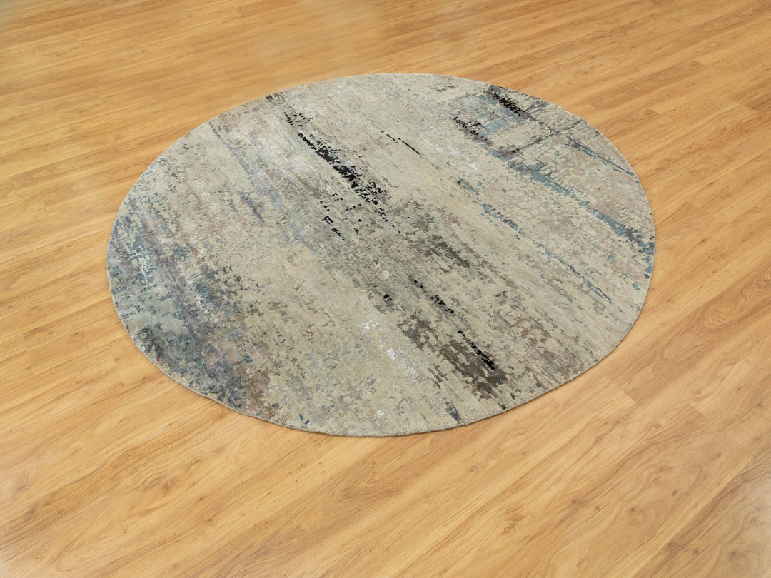 8'0" x 8'0" New Hand Knotted Grey Wool & Silk Round Oriental Rug - MOA10258510
