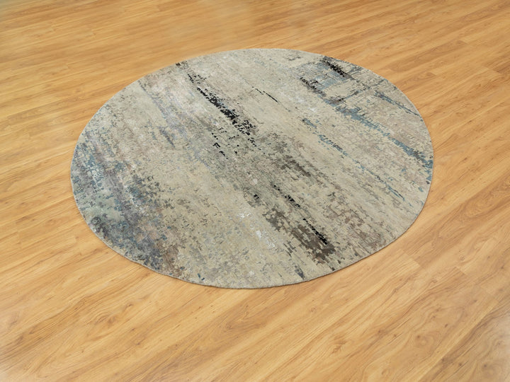 8'0" x 8'0" New Hand Knotted Grey Wool & Silk Round Oriental Rug - MOA10258510