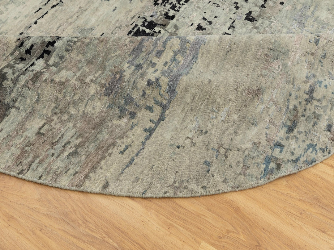 12'0" x 12'0" New Hand Knotted Grey Wool & Silk Round Oriental Rug - MOA10258515