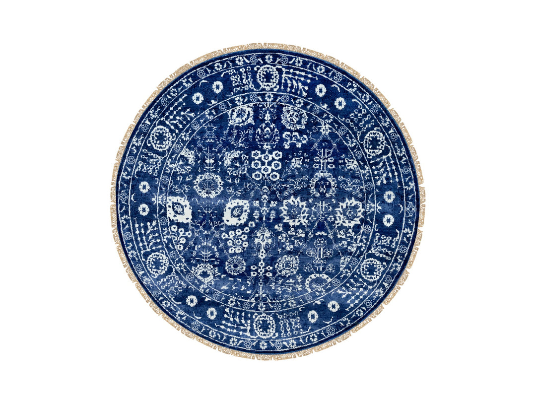 6'2" x 6'2" New Hand Knotted Blue Wool & Silk Round Oriental Rug - MOA10258533