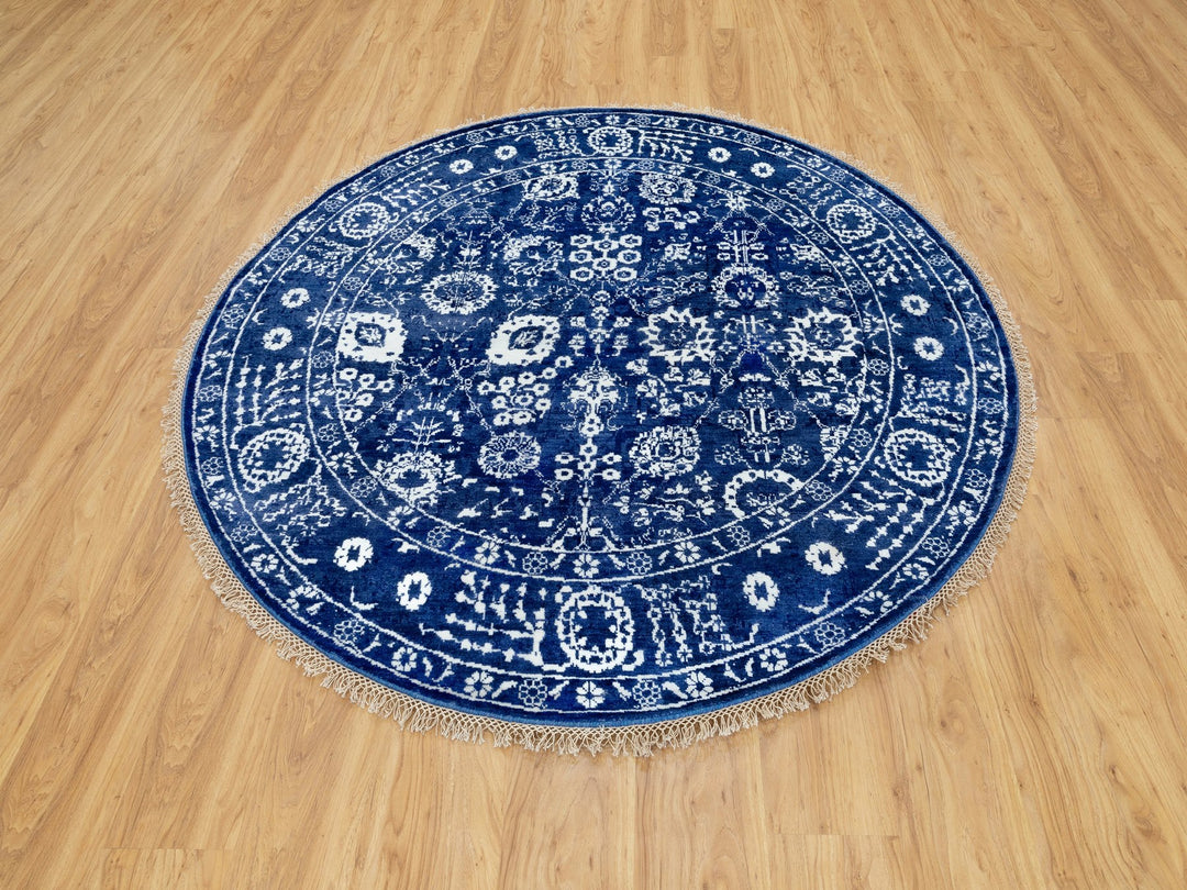 6'2" x 6'2" New Hand Knotted Blue Wool & Silk Round Oriental Rug - MOA10258533