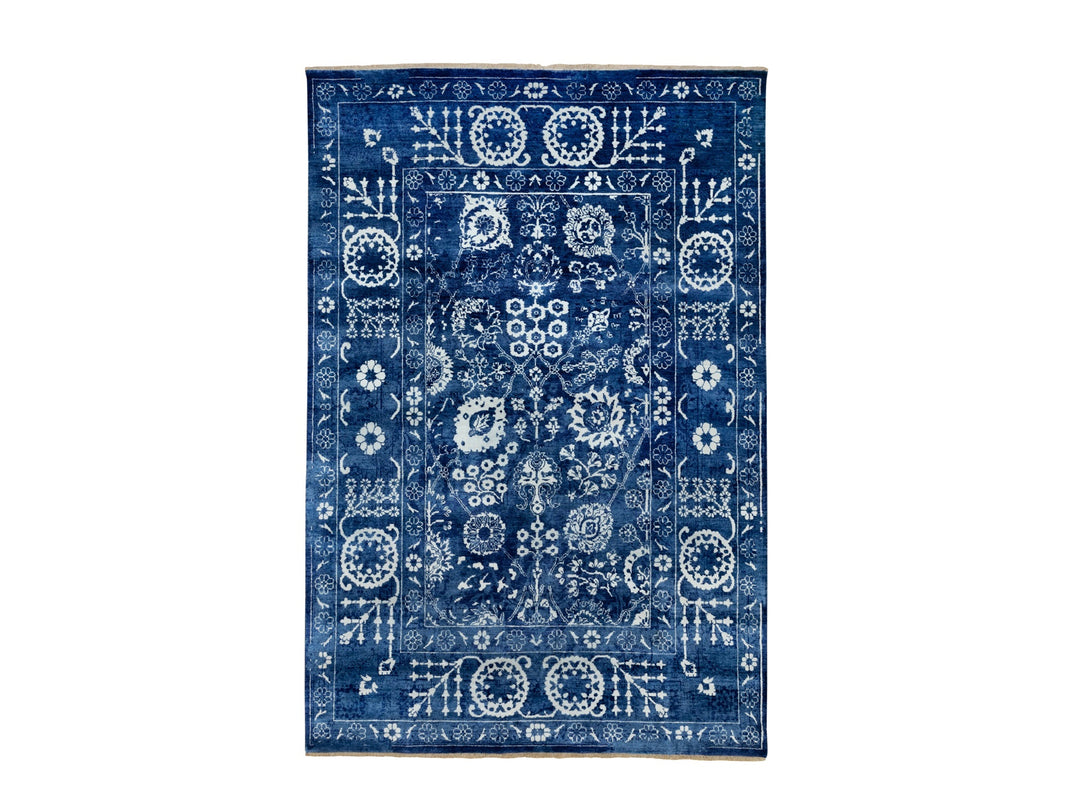 6'2" x 9'0" New Hand Knotted Blue Wool & Silk Rectangle Oriental Rug - MOA10258535