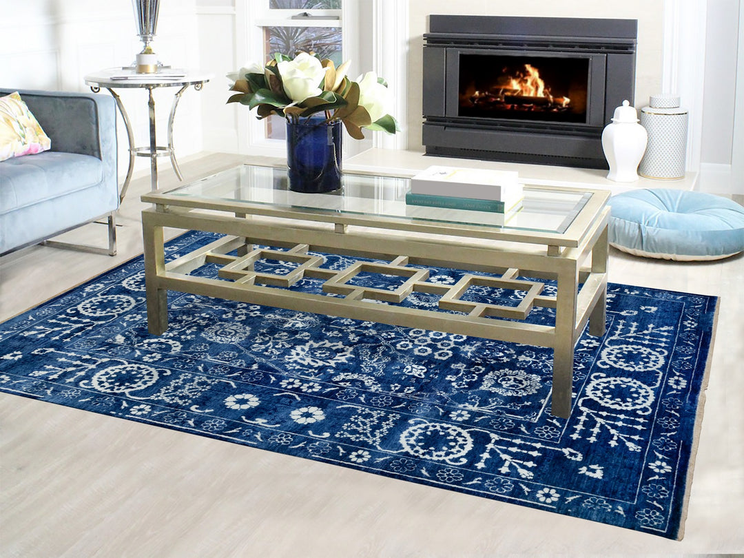 6'2" x 9'0" New Hand Knotted Blue Wool & Silk Rectangle Oriental Rug - MOA10258535