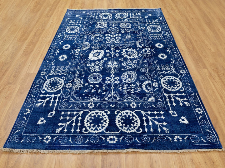 6'2" x 9'0" New Hand Knotted Blue Wool & Silk Rectangle Oriental Rug - MOA10258535