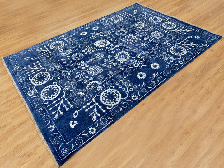 6'2" x 9'0" New Hand Knotted Blue Wool & Silk Rectangle Oriental Rug - MOA10258535