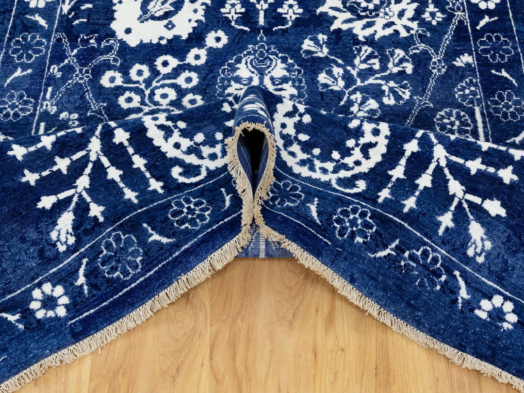 6'2" x 9'0" New Hand Knotted Blue Wool & Silk Rectangle Oriental Rug - MOA10258535