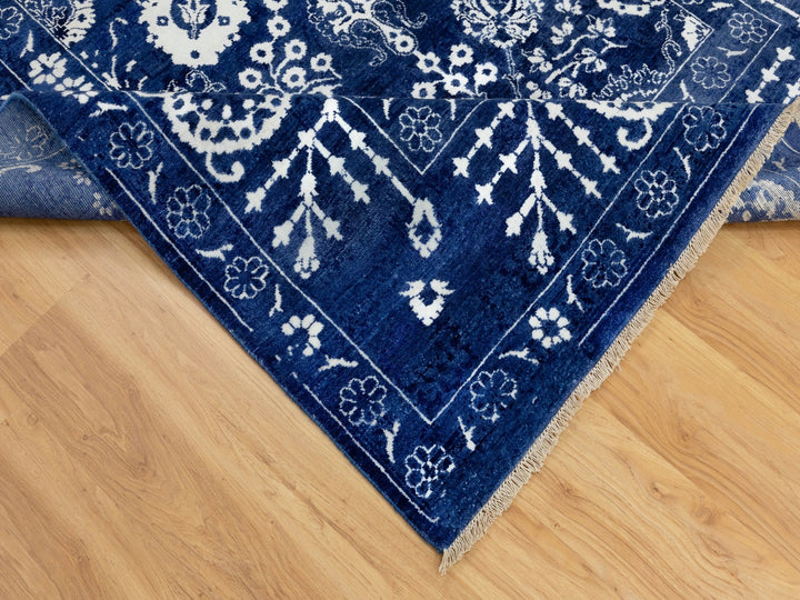 6'2" x 9'0" New Hand Knotted Blue Wool & Silk Rectangle Oriental Rug - MOA10258535