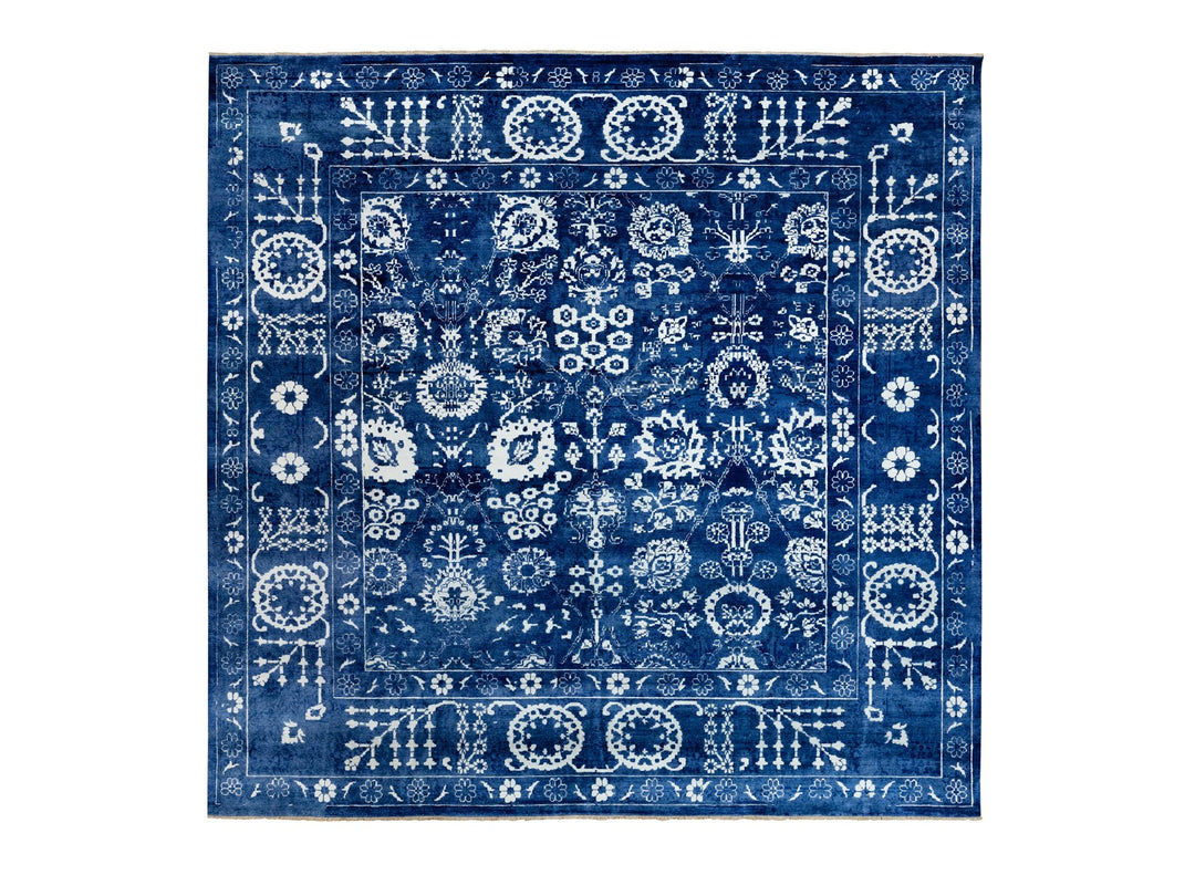 12'2" x 12'2" New Hand Knotted Blue Wool & Silk Square Oriental Rug - MOA10258546