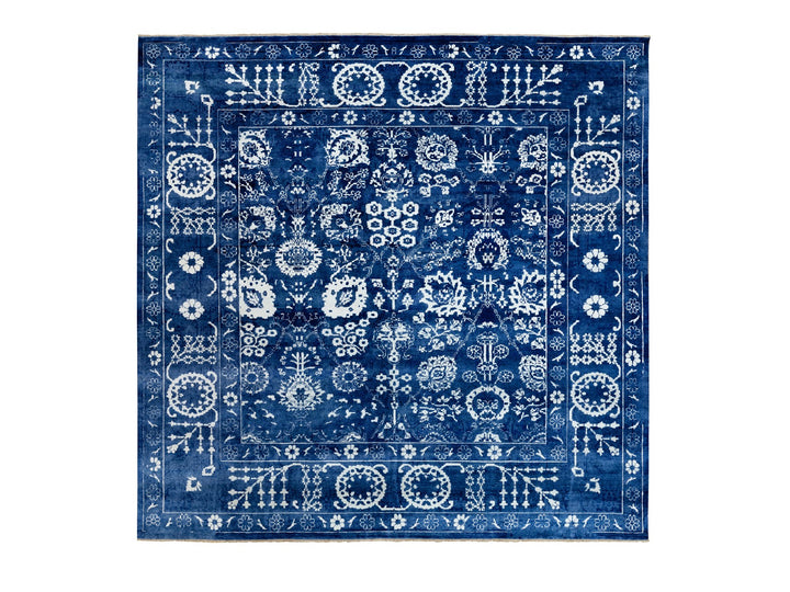 12'2" x 12'2" New Hand Knotted Blue Wool & Silk Square Oriental Rug - MOA10258546
