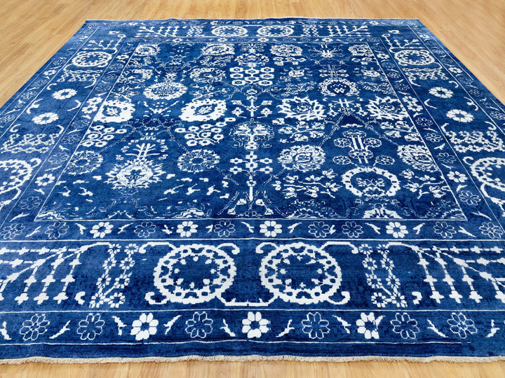 12'2" x 12'2" New Hand Knotted Blue Wool & Silk Square Oriental Rug - MOA10258546