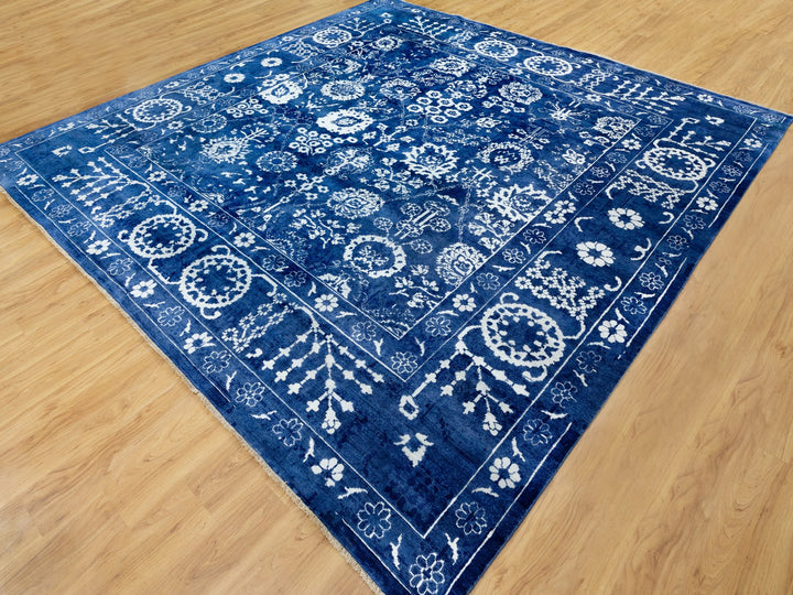 12'2" x 12'2" New Hand Knotted Blue Wool & Silk Square Oriental Rug - MOA10258546