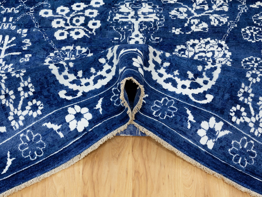 12'2" x 12'2" New Hand Knotted Blue Wool & Silk Square Oriental Rug - MOA10258546