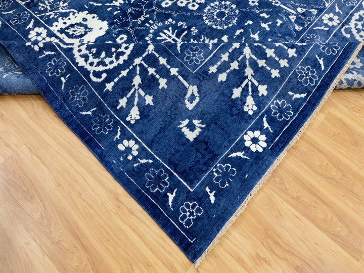 12'2" x 12'2" New Hand Knotted Blue Wool & Silk Square Oriental Rug - MOA10258546