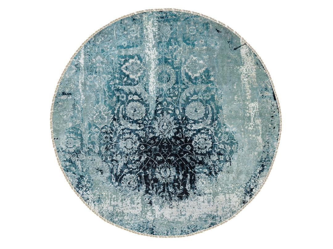8'8" x 8'8" New Hand Knotted Blue Wool & Silk Round Oriental Rug - MOA10258549