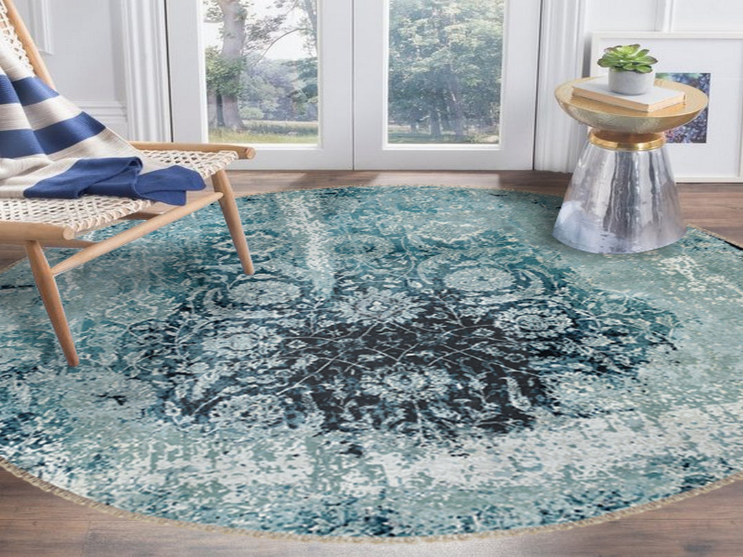 8'8" x 8'8" New Hand Knotted Blue Wool & Silk Round Oriental Rug - MOA10258549