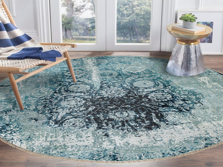 8'8" x 8'8" New Hand Knotted Blue Wool & Silk Round Oriental Rug - MOA10258549