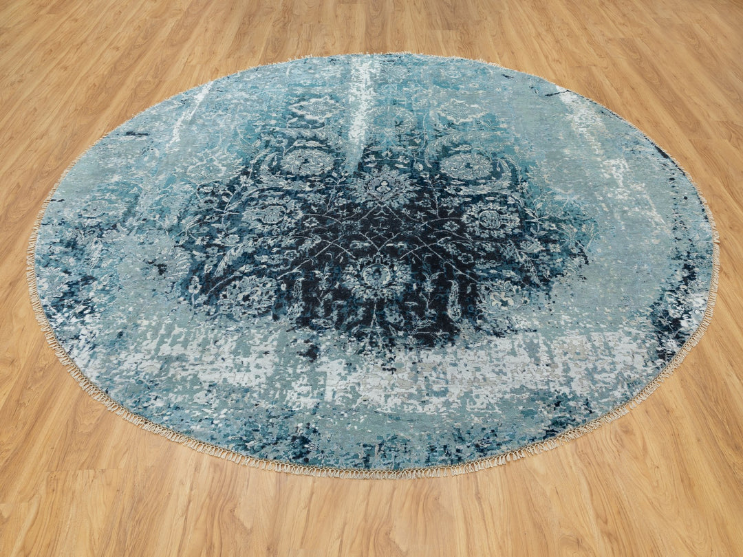 8'8" x 8'8" New Hand Knotted Blue Wool & Silk Round Oriental Rug - MOA10258549