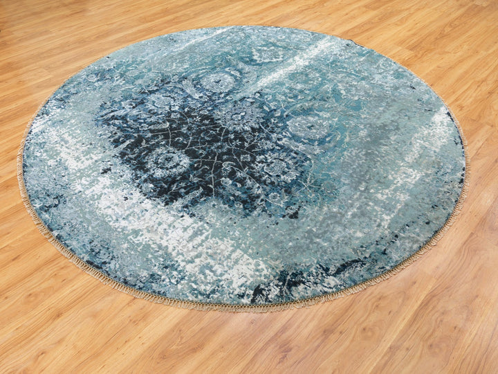 8'8" x 8'8" New Hand Knotted Blue Wool & Silk Round Oriental Rug - MOA10258549