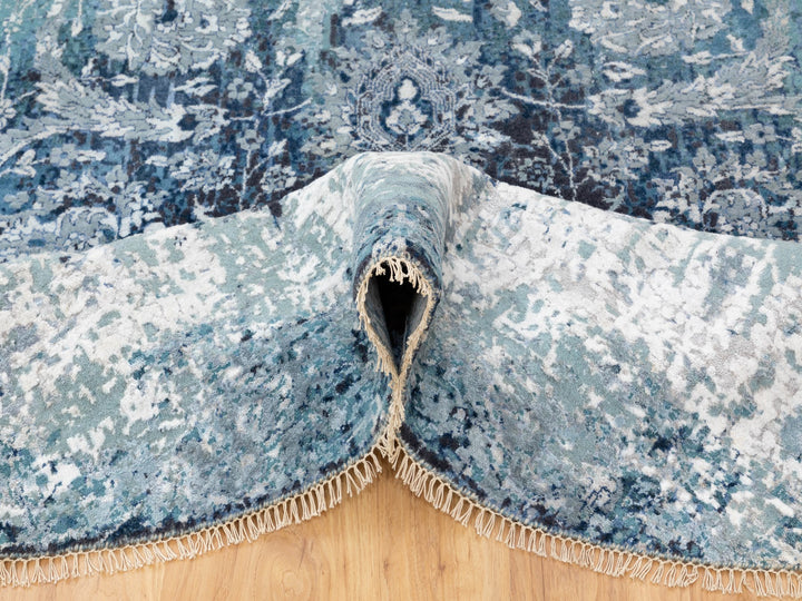 8'8" x 8'8" New Hand Knotted Blue Wool & Silk Round Oriental Rug - MOA10258549