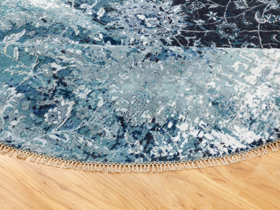 8'8" x 8'8" New Hand Knotted Blue Wool & Silk Round Oriental Rug - MOA10258549