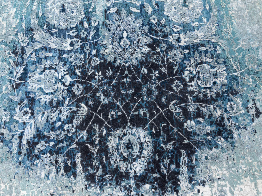 8'8" x 8'8" New Hand Knotted Blue Wool & Silk Round Oriental Rug - MOA10258549