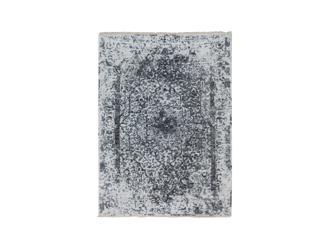 4'1" x 6'0" New Hand Knotted Grey Wool & Pure Silk Rectangle Oriental Rug - MOA10258553