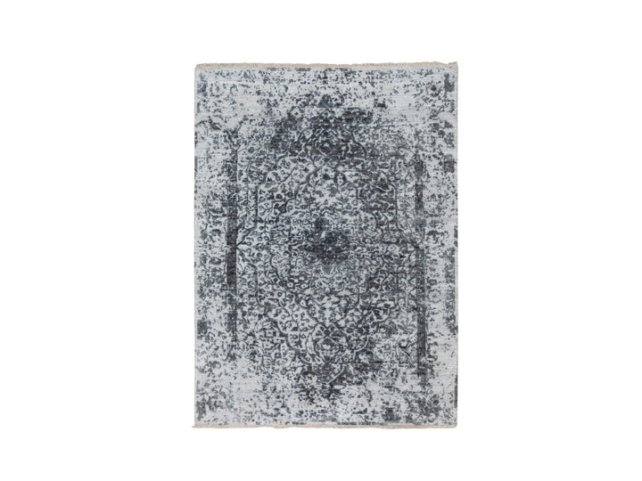 4'1" x 6'0" New Hand Knotted Grey Wool & Pure Silk Rectangle Oriental Rug - MOA10258553