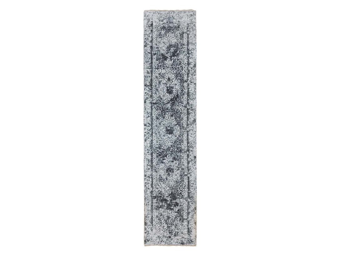 2'7" x 12'0" New Hand Knotted Grey Wool & Silk Runner Oriental Rug - MOA10258556