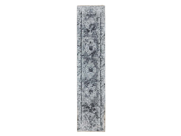 2'7" x 12'0" New Hand Knotted Grey Wool & Silk Runner Oriental Rug - MOA10258556