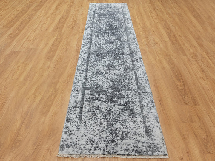 2'7" x 12'0" New Hand Knotted Grey Wool & Silk Runner Oriental Rug - MOA10258556